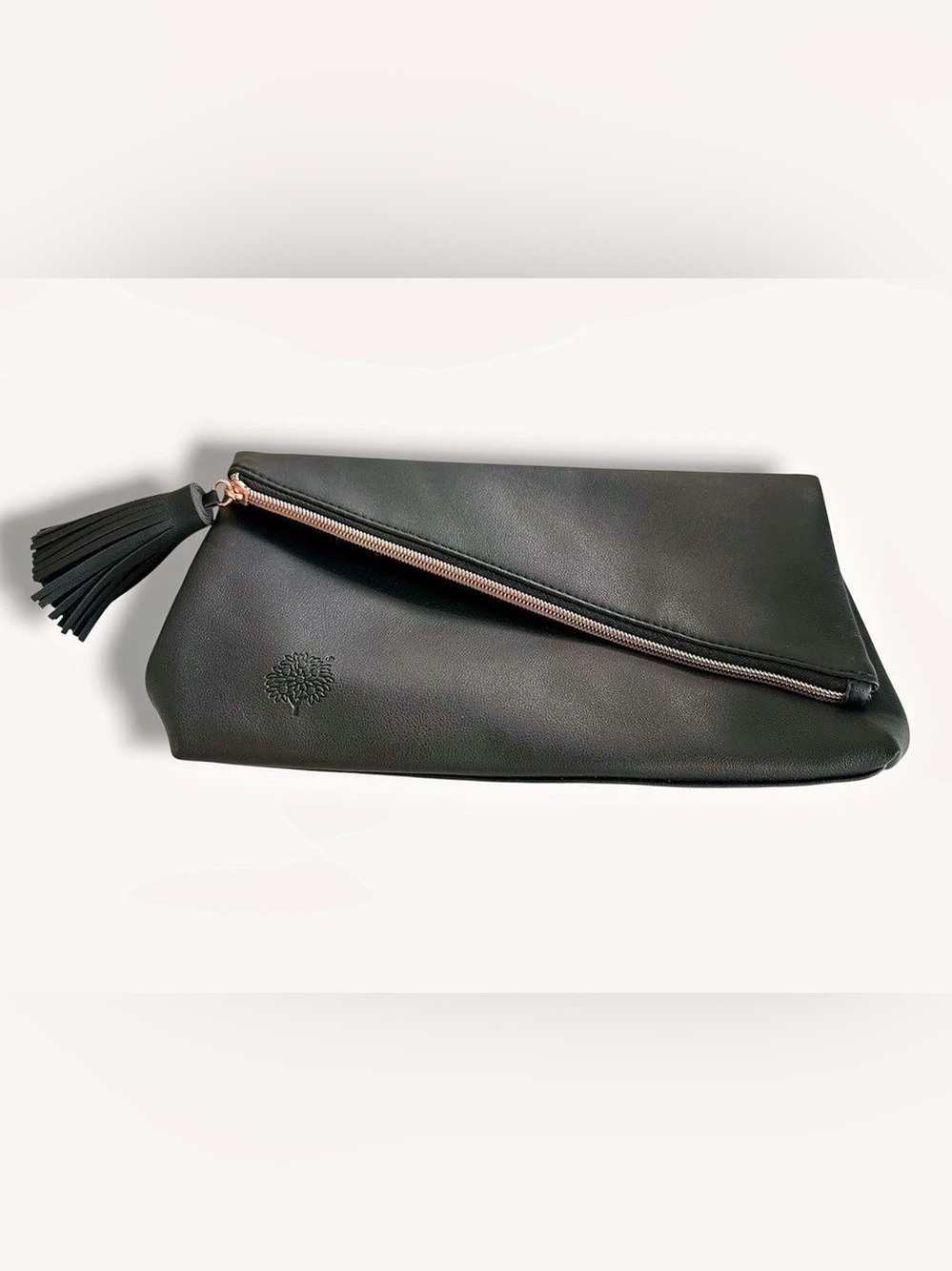 NWOT Crabtree & Evelyn Black Foldover Clutch Bag Asymmetrical Rose Gold Zip Tass